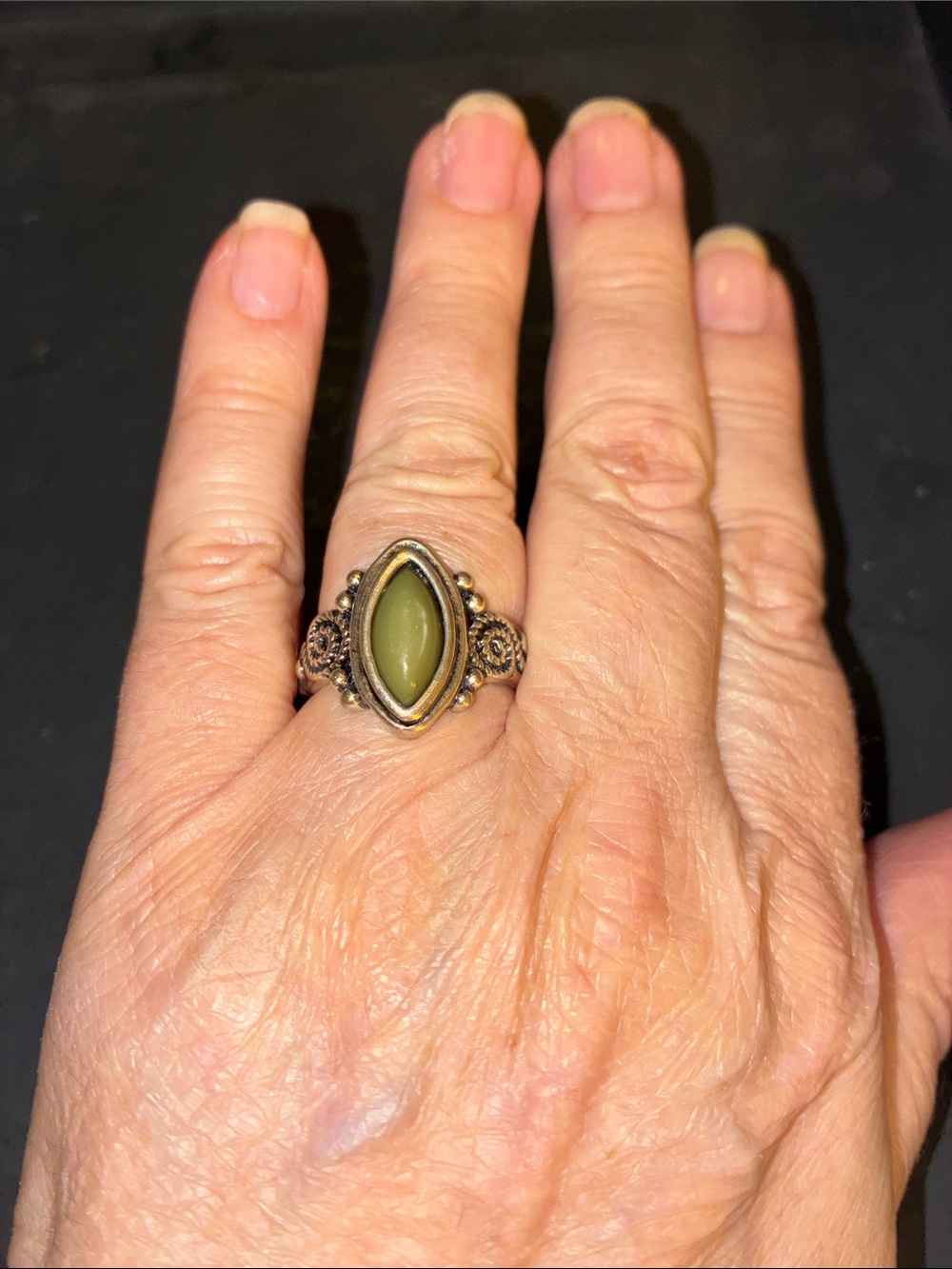 Vintage-Style Olive Green Stone Sterling-Tone Stretch Ring